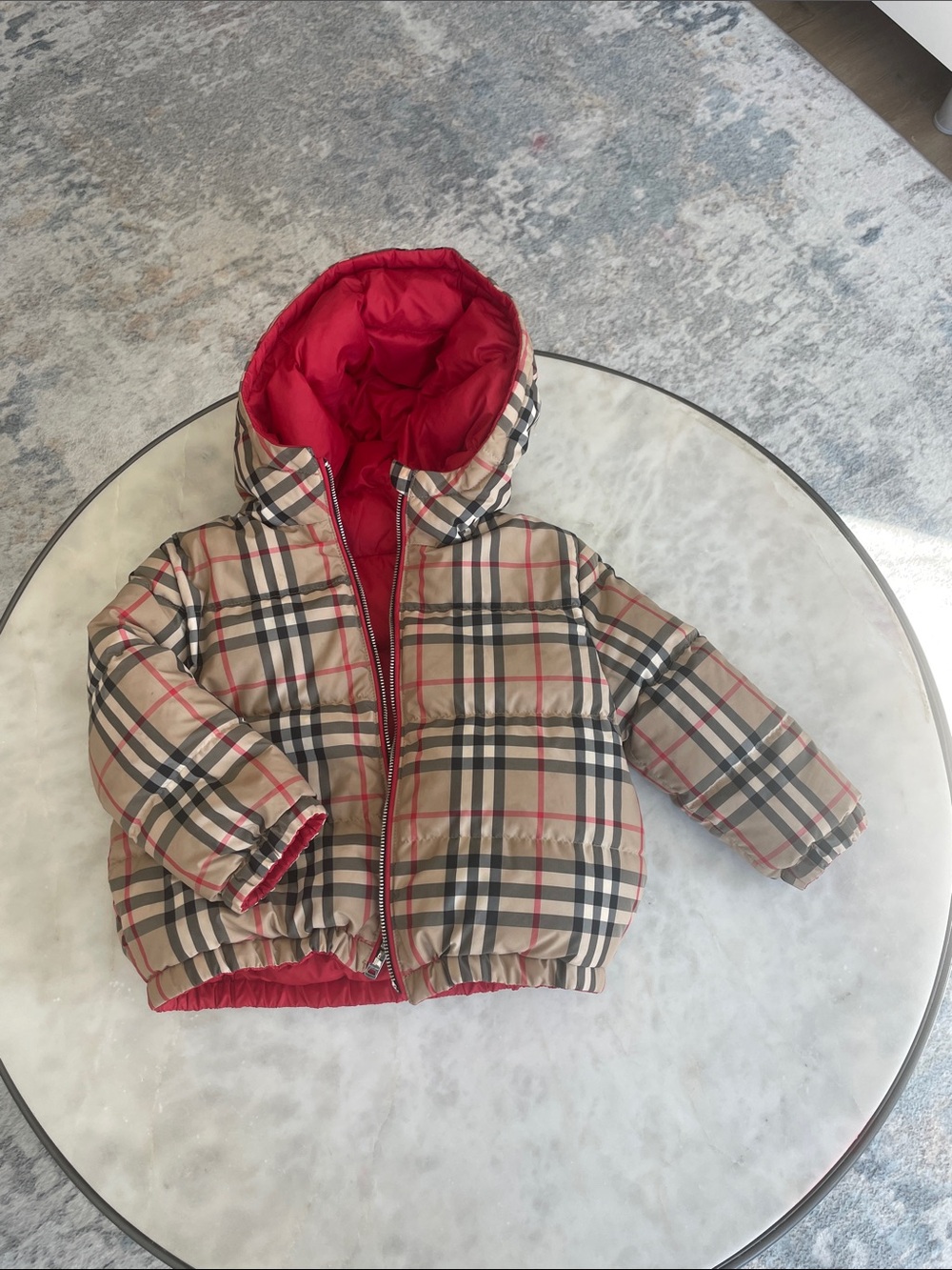 Burberry Beige Plaid Kids Puffer Jacket with Red Lining